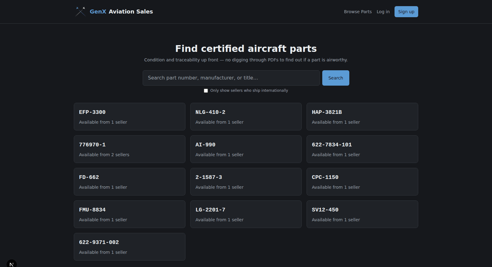 Search bar and grid of live part number listings, several with multiple sellers competing on the same part