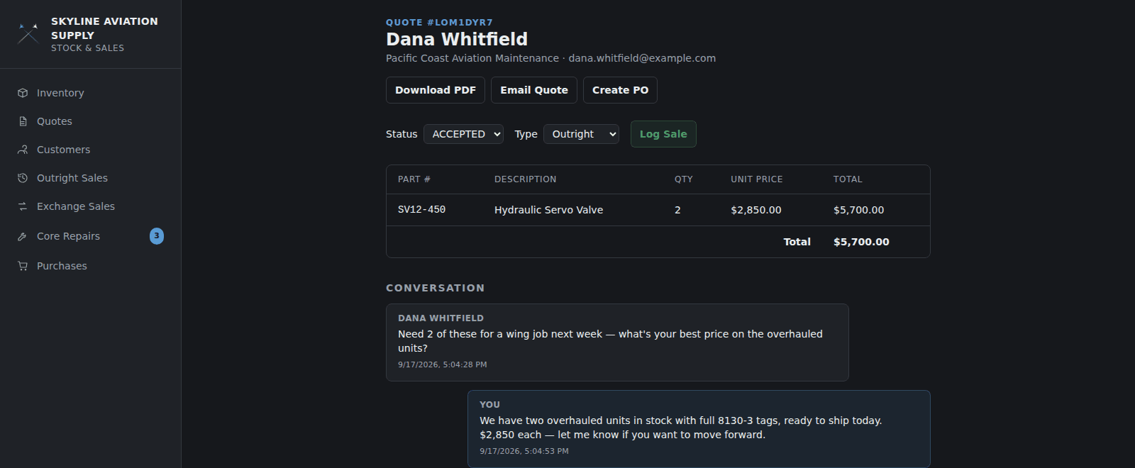 A quote thread with a buyer's request, the seller's negotiated pricing reply, and Create PO / Download PDF actions